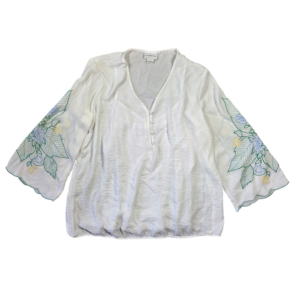 Liz Claiborne Womens White Floral Embroidered Blouse Top L Flare Sleeves Boho
